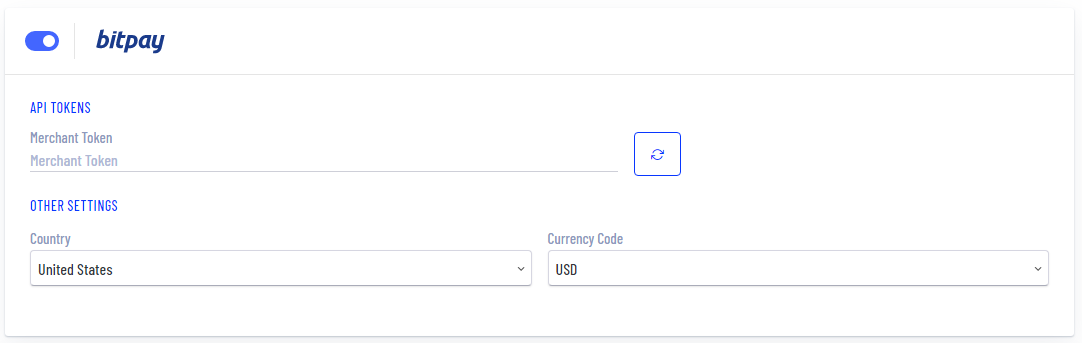 BitPay Settings Page